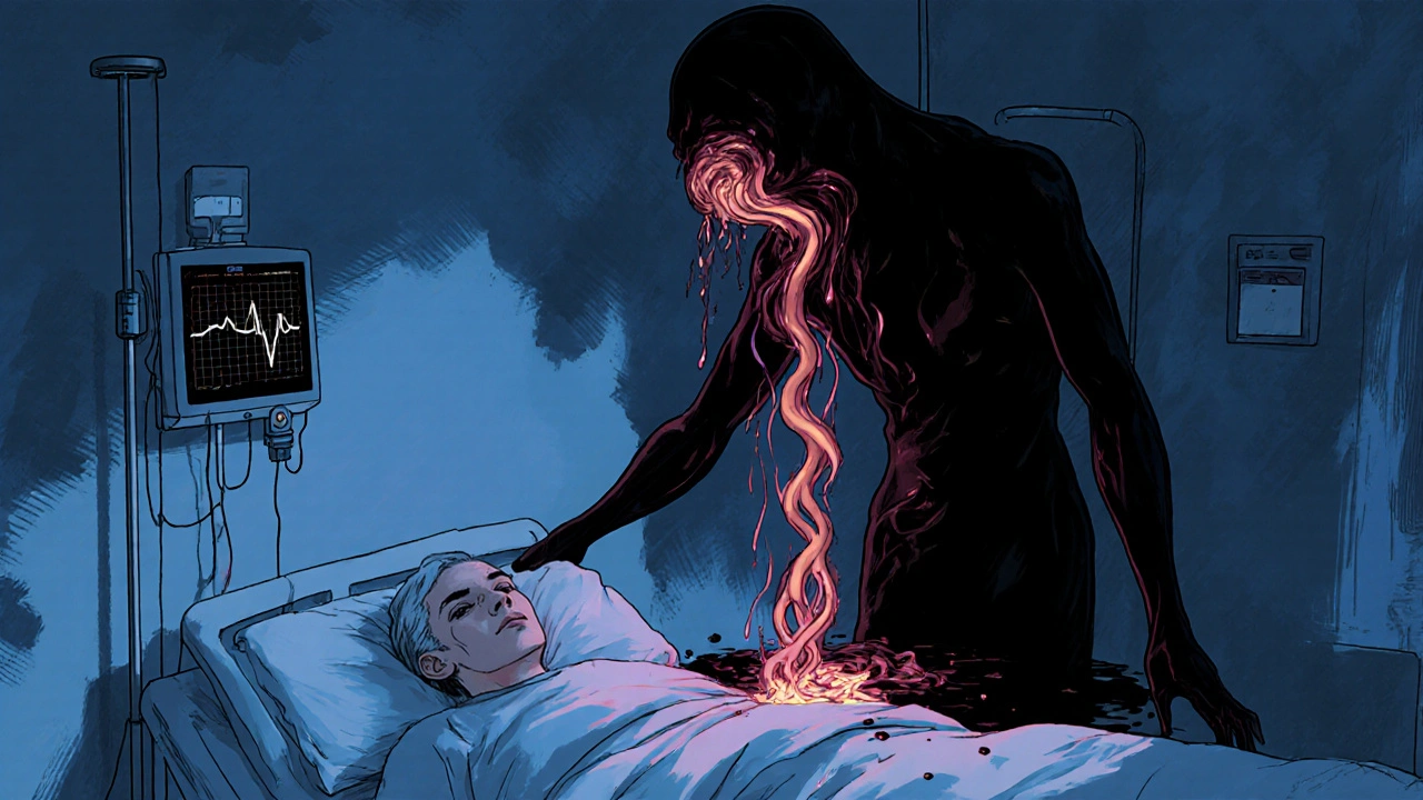 A patient in a hospital bed is overshadowed by a licorice root monster draining potassium.