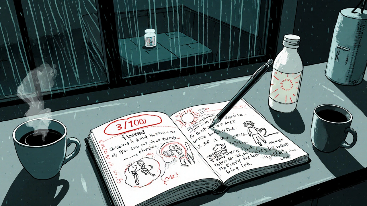 A patient’s journal on a kitchen table with handwritten notes, risk numbers, and a sketch of a child and dog beside a coffee cup.
