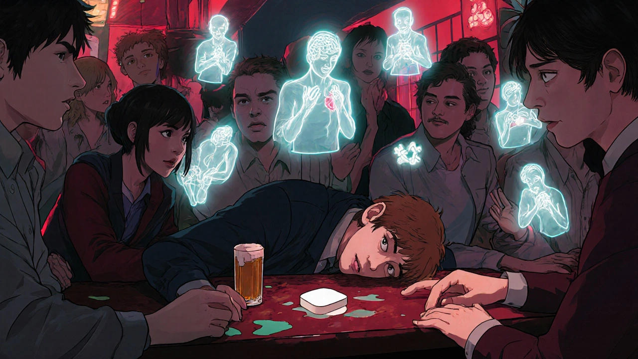 A person collapses at a bar while ghostly hypoglycemia symptoms hover above, friends oblivious, beer spilled nearby.