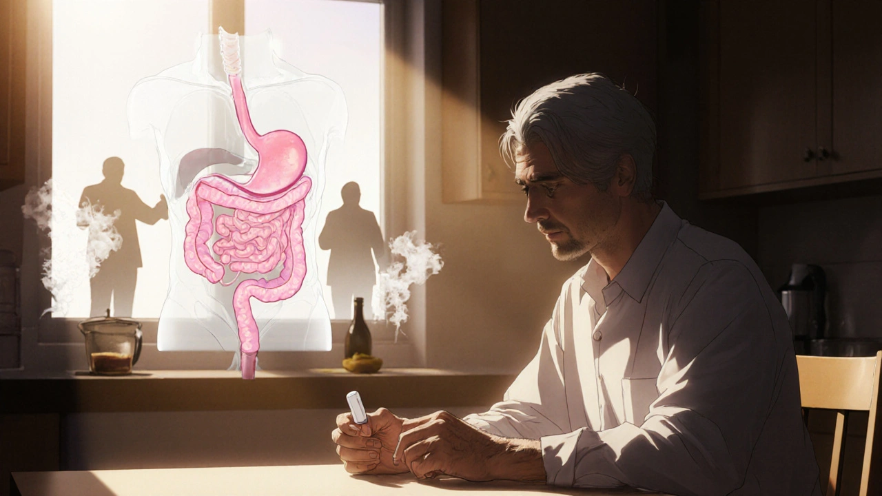 A person holding a lansoprazole pill at dawn as their esophagus heals behind them, trigger foods dissolving into smoke.