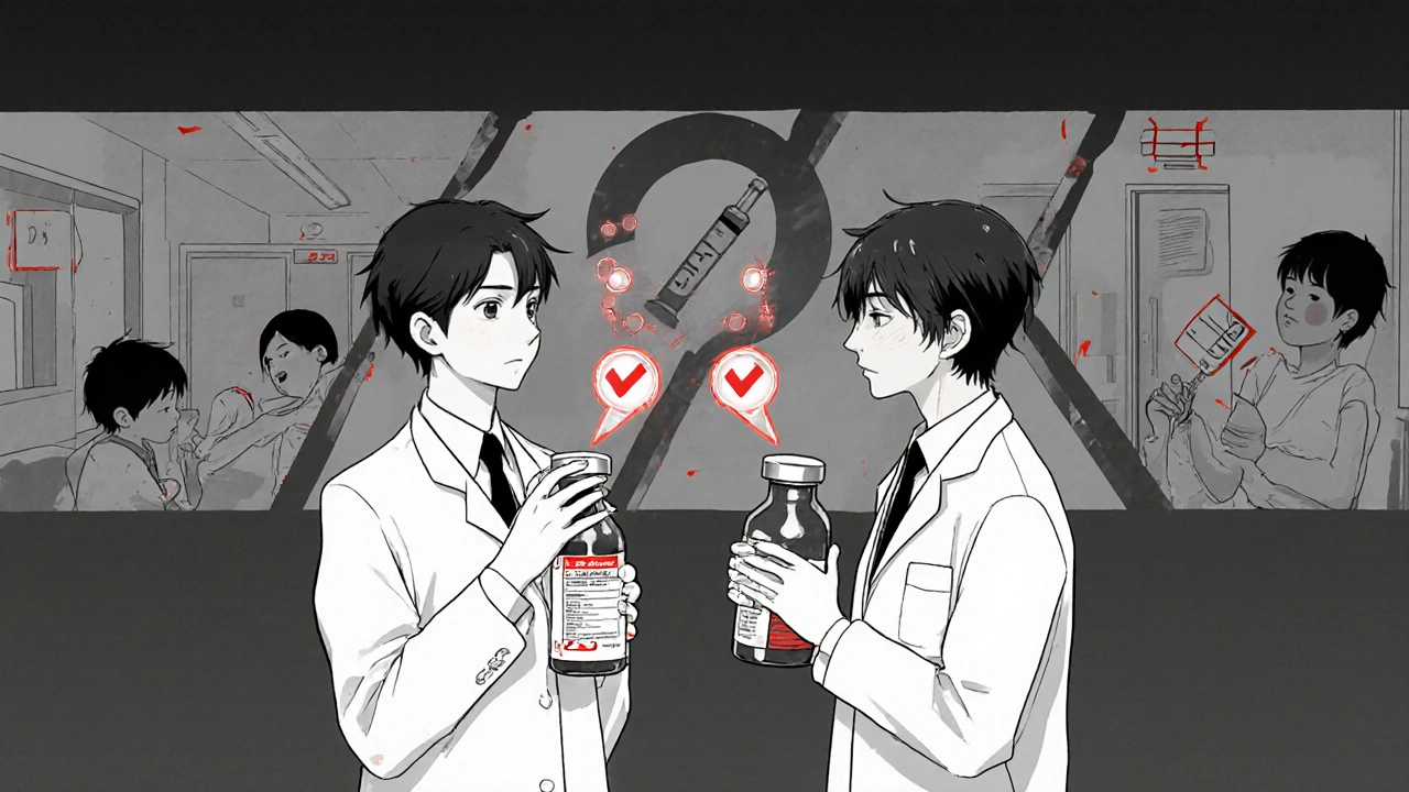 A pharmacist and patient confirm medication safety with glowing checkmarks above them.