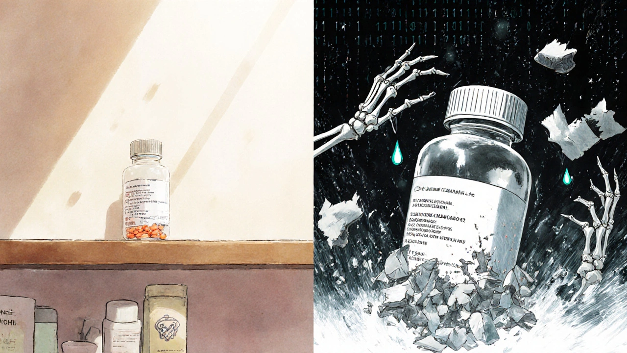 A pharmacy bottle beside a chaotic void where its chemical structure unravels into skeletal hands.