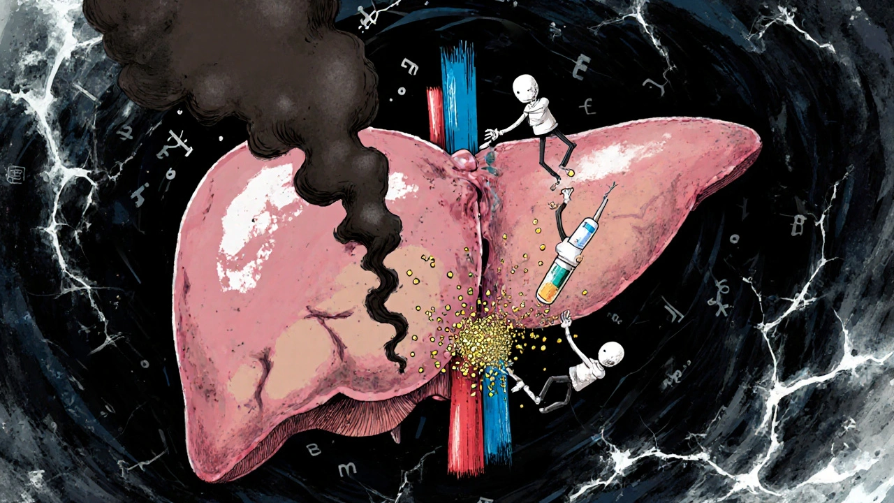 A surreal liver splits between processing alcohol and failing to release glucose, surrounded by medical symbols in a stormy sky.