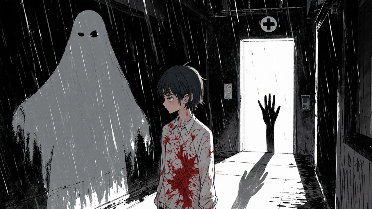 A teenager with peeling skin in the rain, surrounded by ghostly symbols of valproate, heading toward a hospital.