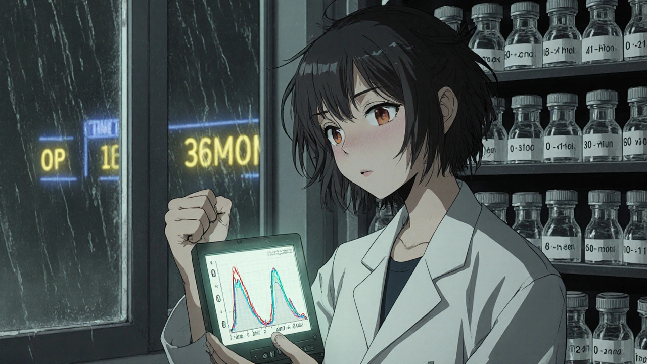 A tired scientist stares at a degrading drug molecule projected from an HPLC machine in a dim lab.