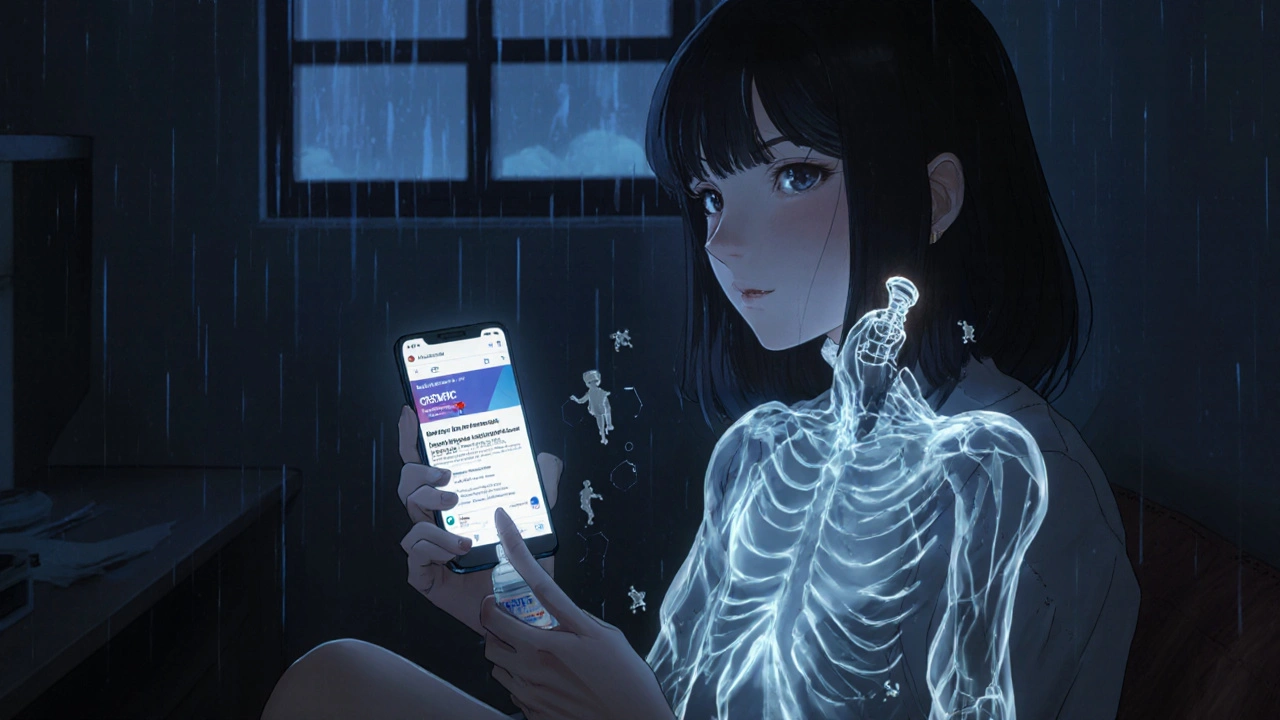 A young woman holding a fake weight-loss bottle as ghostly toxins seep into her body.