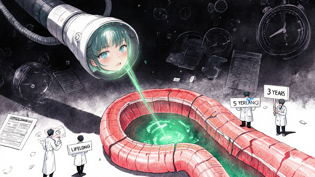 An endoscopy view inside an esophagus with guardian figures holding time markers, tissue glowing with protective light.