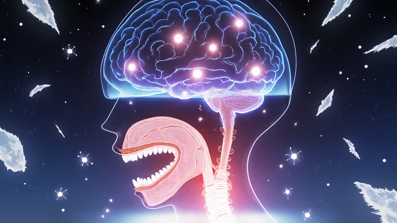 Dual-layered illustration showing brain suppression and airway collapse causing sleep apnea, with rising carbon dioxide symbols turning red.