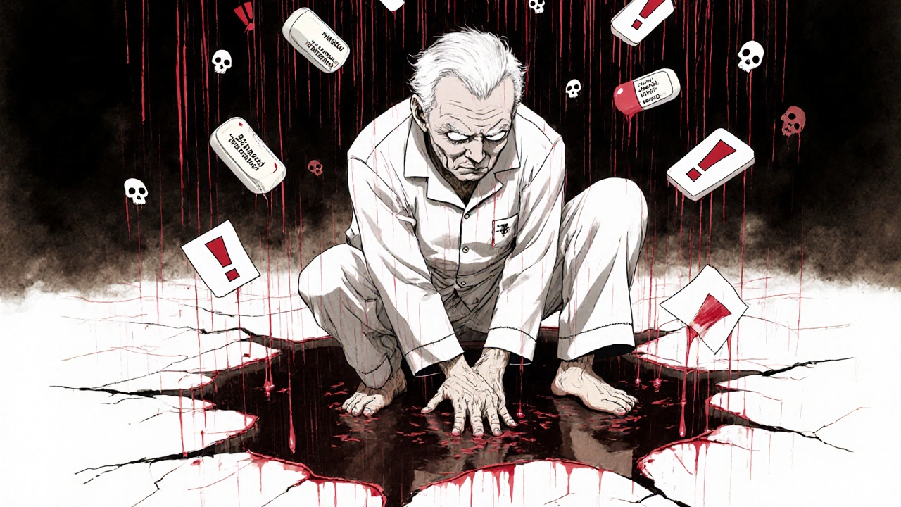 Elderly man in pain, dark urine dripping into a cracked kidney, warning symbols falling around him.