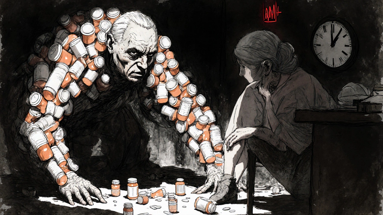 Elderly woman surrounded by pill bottles, her shadow morphing into a monstrous prescription figure.