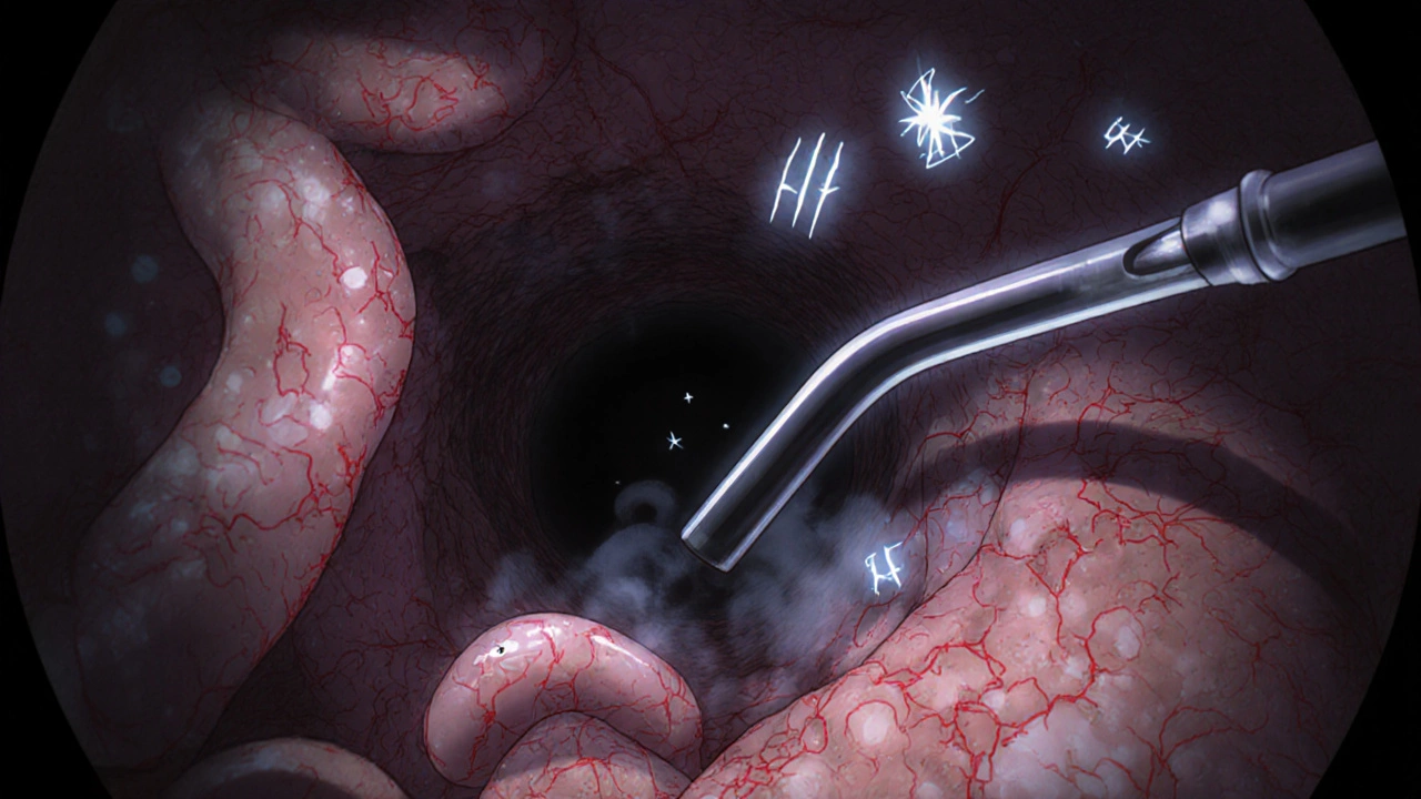 Endoscope illuminating a flat serrated lesion hidden in colon wall with faint mutation symbols.
