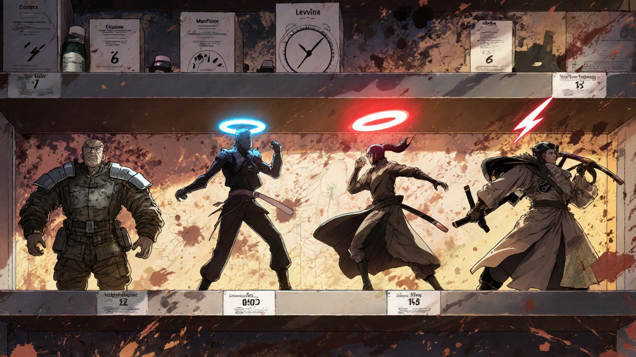 Four stylized ED medication figures on a surreal pharmacy shelf, each with unique glowing attributes in Sui Ishida style.