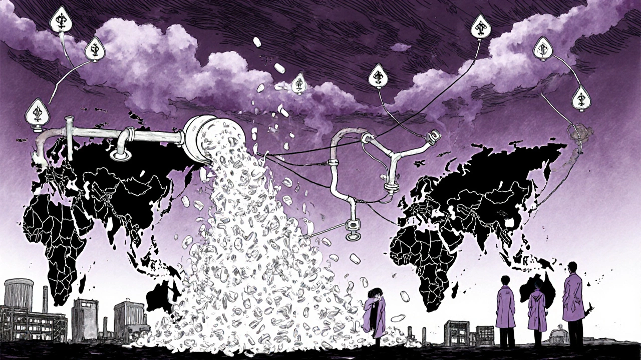 Fragile global drug supply chain with one pipe breaking, pills dissolving into smoke, shadowy observers below.