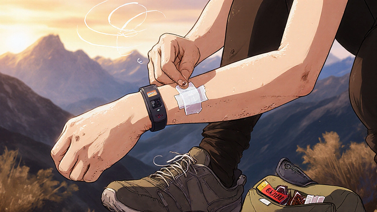 Hand applying adhesive tape to CGM sensor during mountain hike, fruit leathers nearby