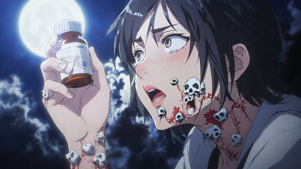 Hand with peeling rash emerging as screaming faces, medical symbols dissolving into smoke.