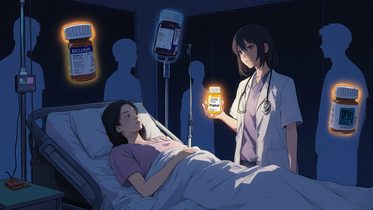 Hospital scene with pregnant woman receiving IV fluids and a Diclegis pill glowing safely.