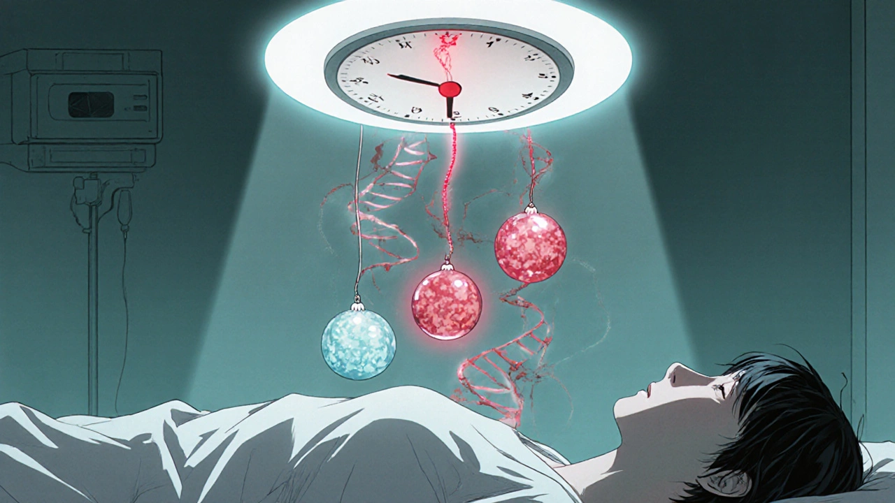 Patient&#039;s translucent body revealing three polyp types with a melting clock and DNA marker.