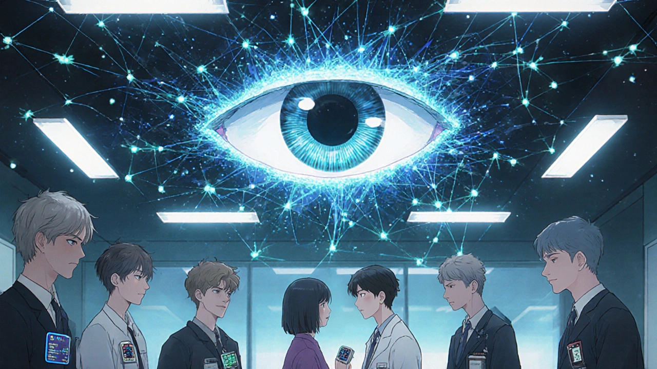 Patients with wearable sensors connected by glowing threads forming a giant data-eye detecting new side effects.