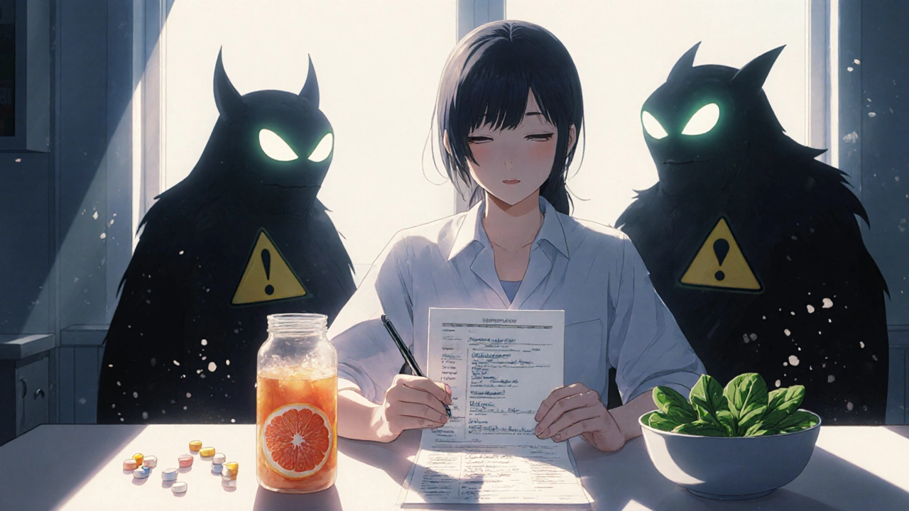 Person at kitchen table with medication list and grapefruit juice, shadowy figures of foods and pills looming behind.