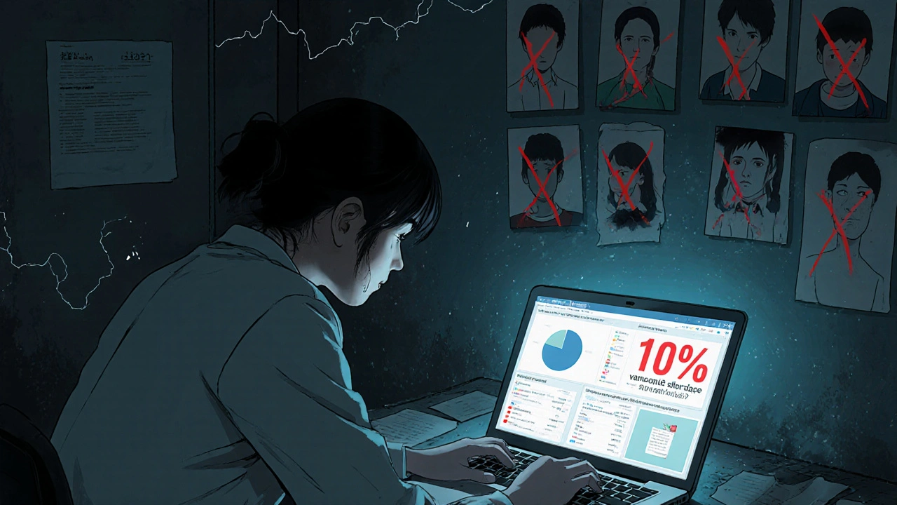 Pharmacist at night facing a red alert dashboard, wall of patients with X&#039;s over their faces, a tear on the screen.