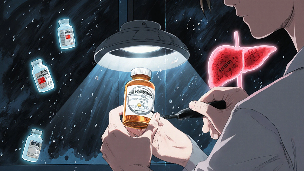 Pharmacist examining a supplement bottle with ghostly drug images floating around a glowing liver.