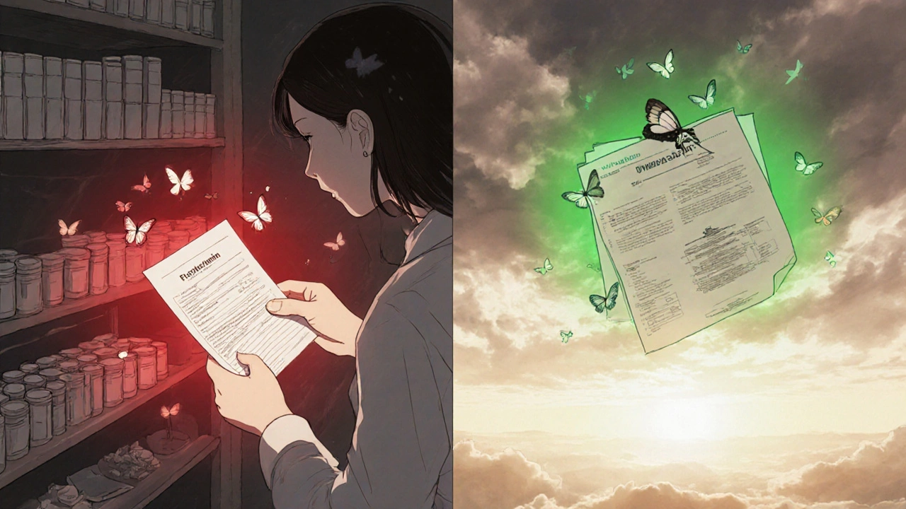 Pharmacist handing prescription with red warning on one side, patient switching to safer statin with green halo on the other.