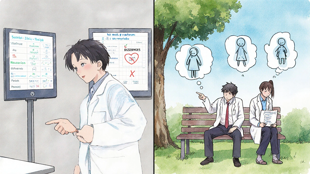 Split scene: sterile clinic vs. park bench, patient pointing to a tree while doctor holds a hand-drawn chart of side effects.