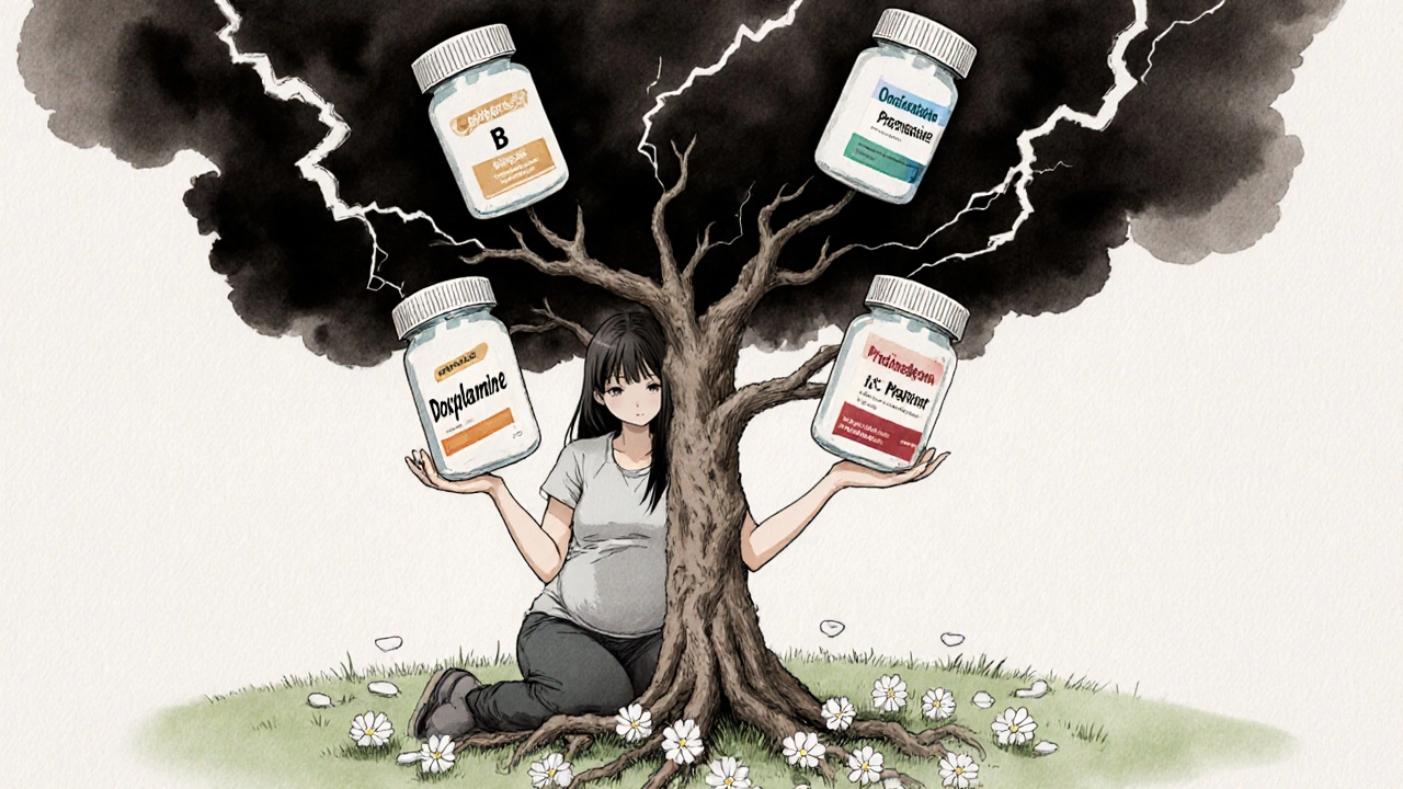 Symbolic tree of safe pregnancy medications growing from a woman&#039;s hands, dark storms above.