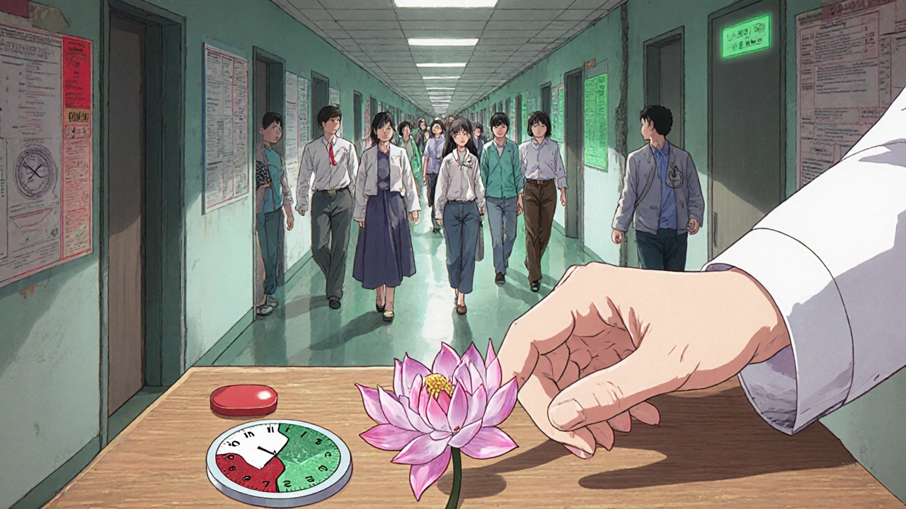 Three pills on a table, each symbolized by unique imagery, with patients walking away in varying states of energy.