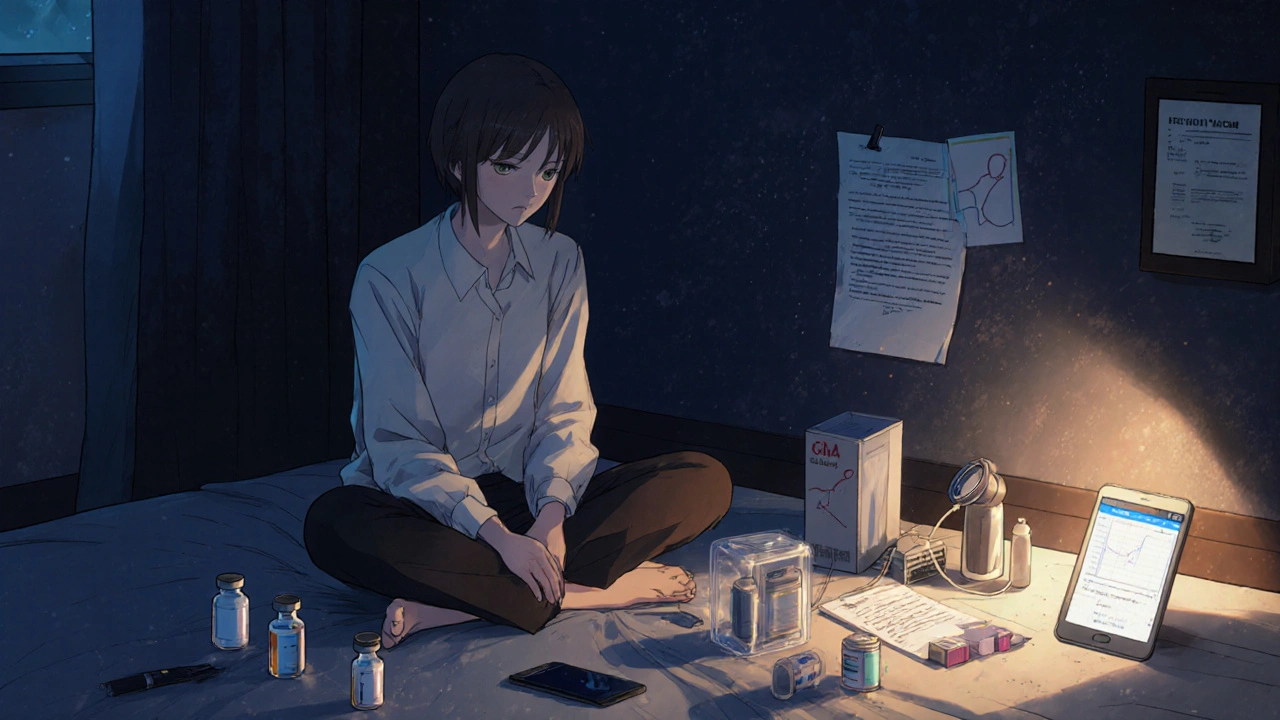 Traveler in hotel room surrounded by diabetes supplies under moonlight, doctor&#039;s letter visible