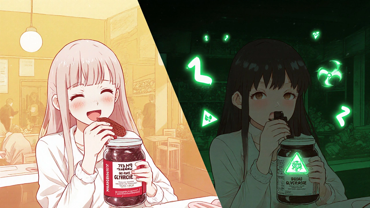 Two versions of a woman: one eating safe red licorice, the other consuming dangerous black licorice.