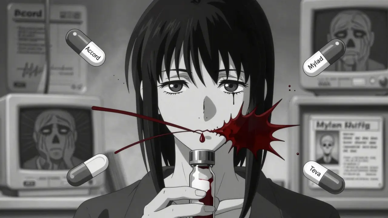 A blood vial splits into two streams: one calm, one chaotic, surrounded by dissolving generic pill labels and ghostly patient silhouettes.