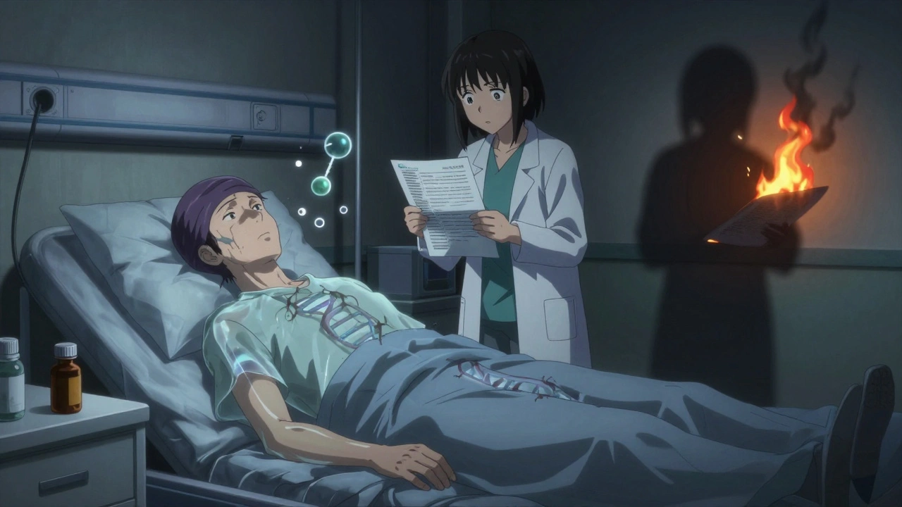 A cancer patient&#039;s body reveals toxic molecules drifting from a pill bottle, while a pharmacist holds recall notices in a dim room.