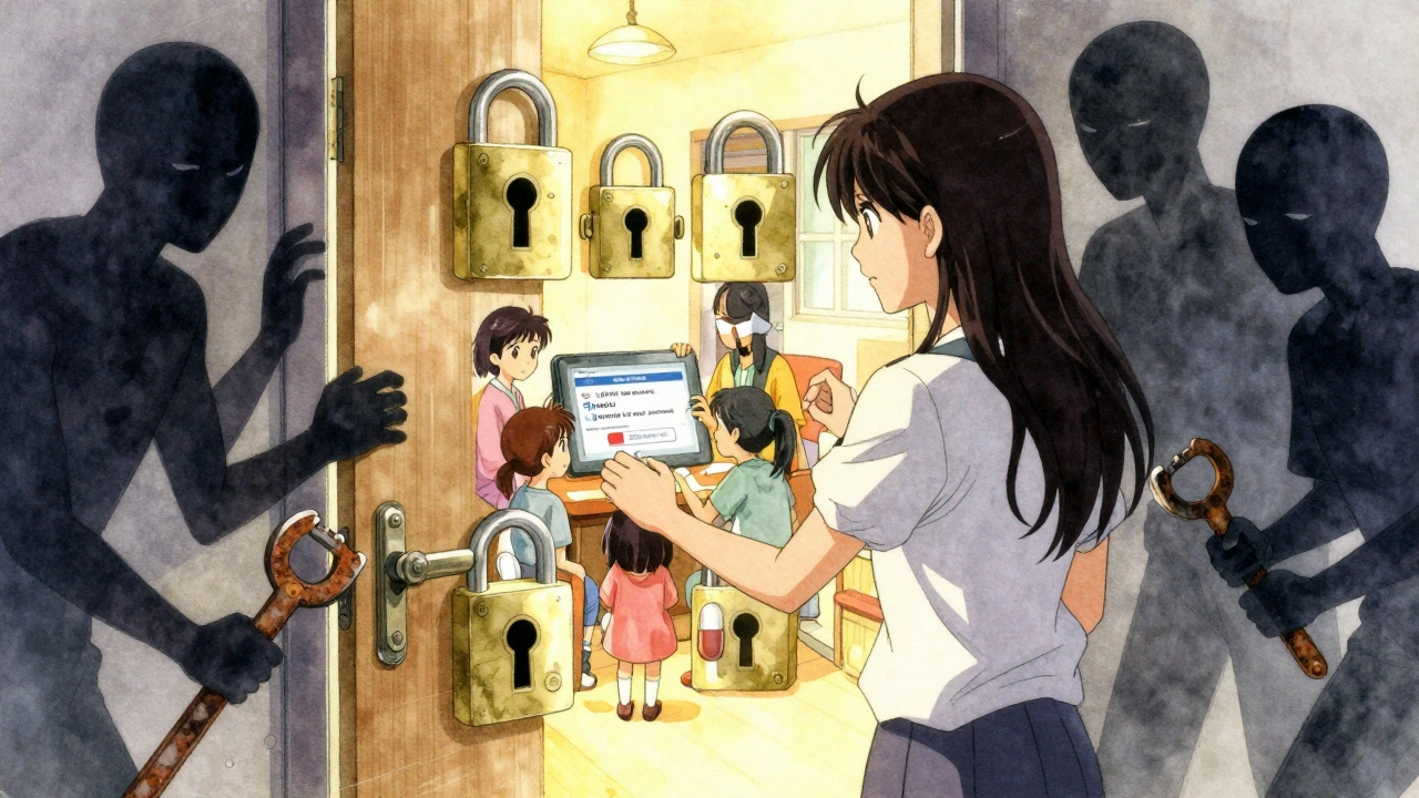 A digital front door guarded by pill-shaped locks, warm light inside as shadowy figures try to break in.