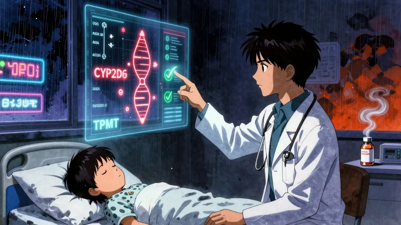 A doctor explains a gene map to a family, with warning symbols above a sleeping child.
