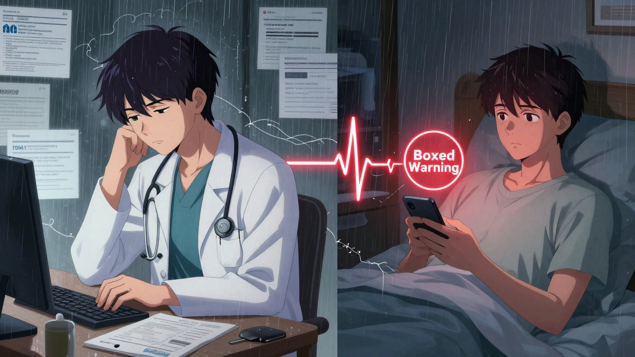 A doctor ignores alerts while a patient reads an FDA safety email — a glowing warning connects them across panels.