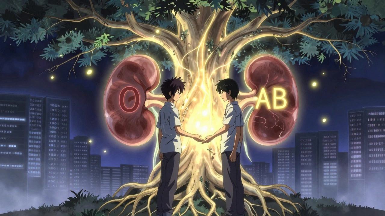A donor and recipient connected by golden light under a tree with kidney-shaped roots, symbols floating around them.