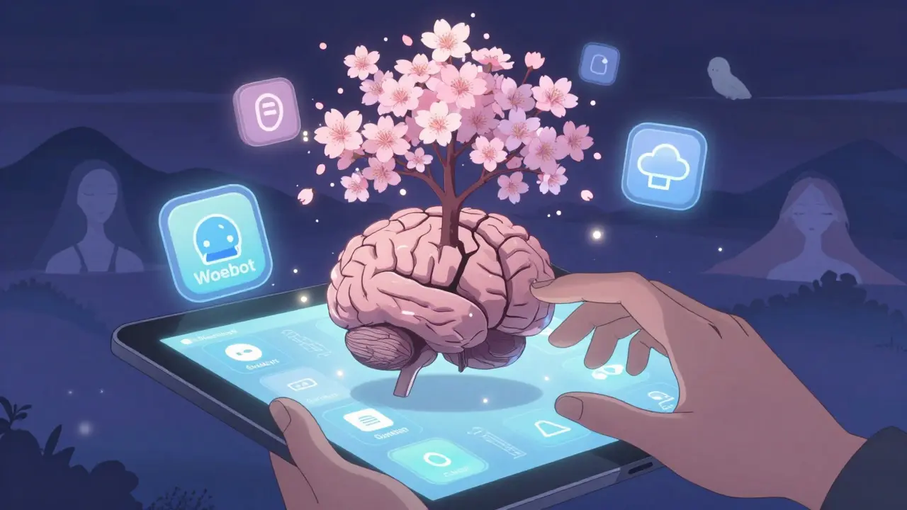 A hand reaching through a tablet into a brain-shaped landscape where CBT techniques bloom as cherry blossoms.