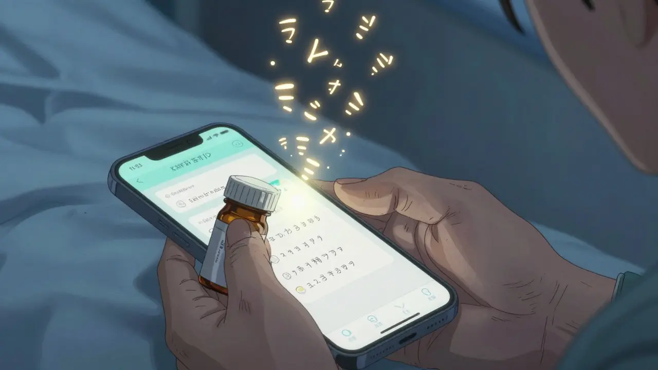 A hand scans a pill bottle with an app that projects spoken instructions as floating text in the air.