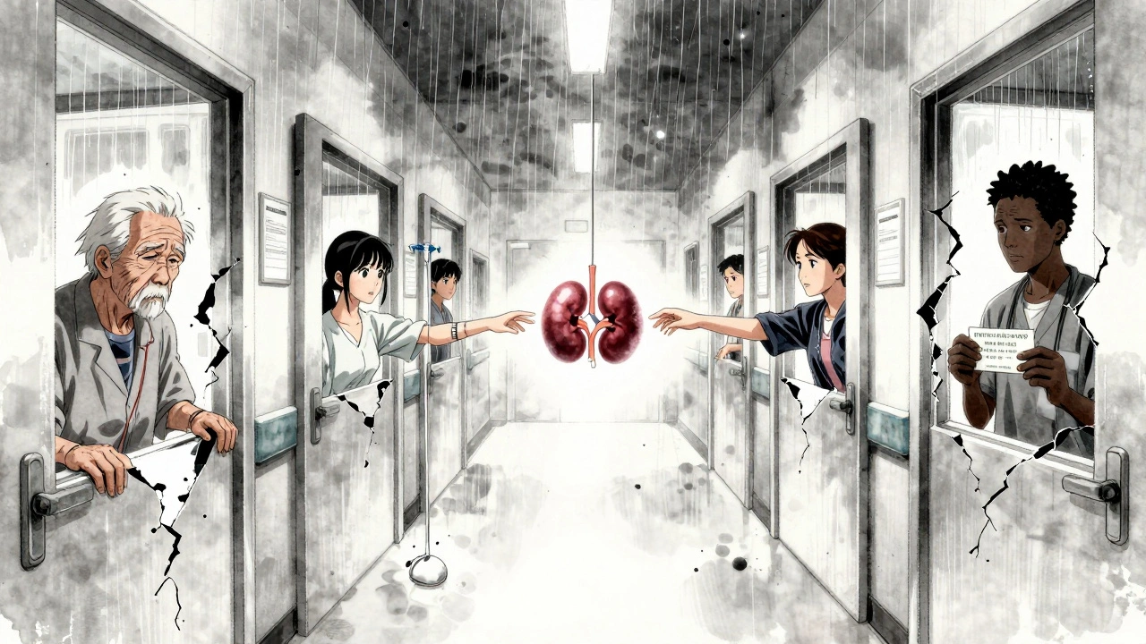 A hospital corridor with doors representing transplant barriers, each cracked open to reveal diverse patients reaching for a glowing kidney.