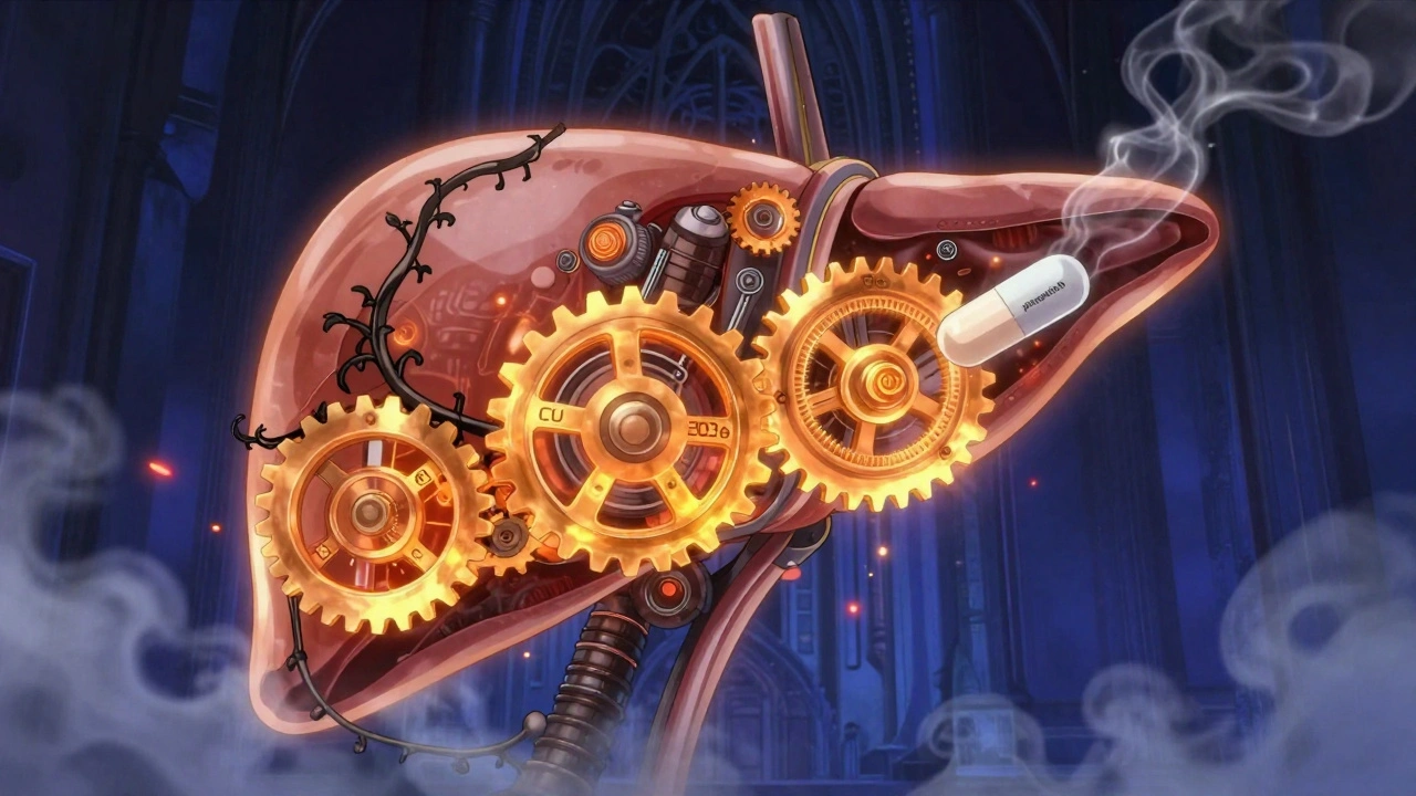 A human liver as a mechanical cathedral, with enzyme gears jammed and speeding due to herbal and drug interference.