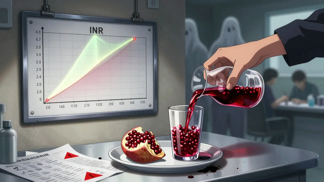 A medical INR graph spikes dramatically beside a glass of pomegranate juice.