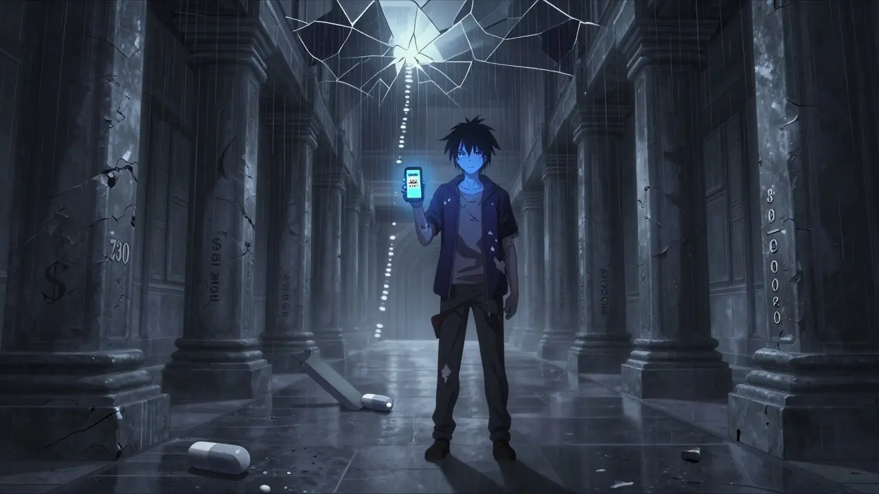 A Medicare user stands in a vast hallway with towering price pillars, a generic pill rolling toward light.