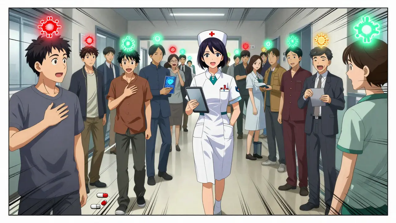 A nurse walks through an ER where patients have floating genetic risk markers.