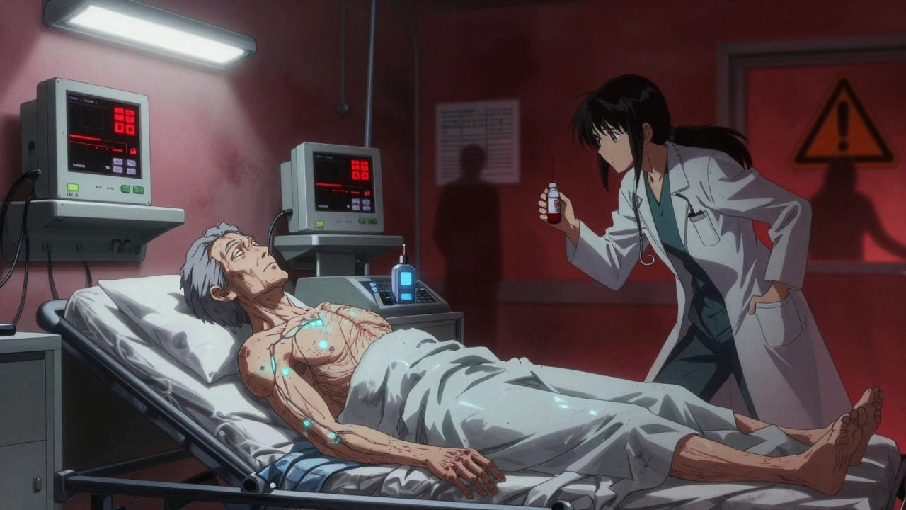 A patient in an ER with glowing blue veins and flashing medical monitors, symbolizing lactic acidosis under cold lights.