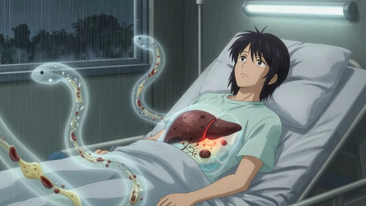 A patient with a transparent body showing a failing, nodular liver surrounded by spectral signs of liver failure.