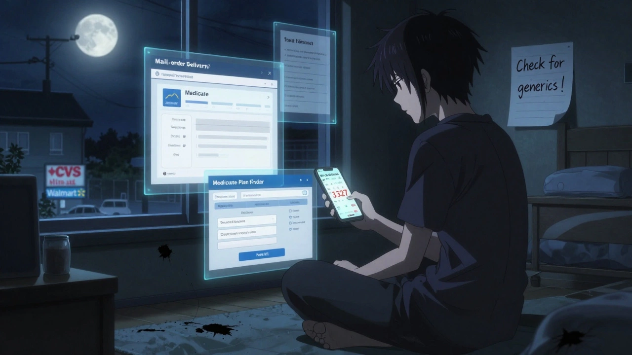 A person on their bedroom floor surrounded by floating medication trackers and pharmacy logos, illuminated by a phone screen showing savings.