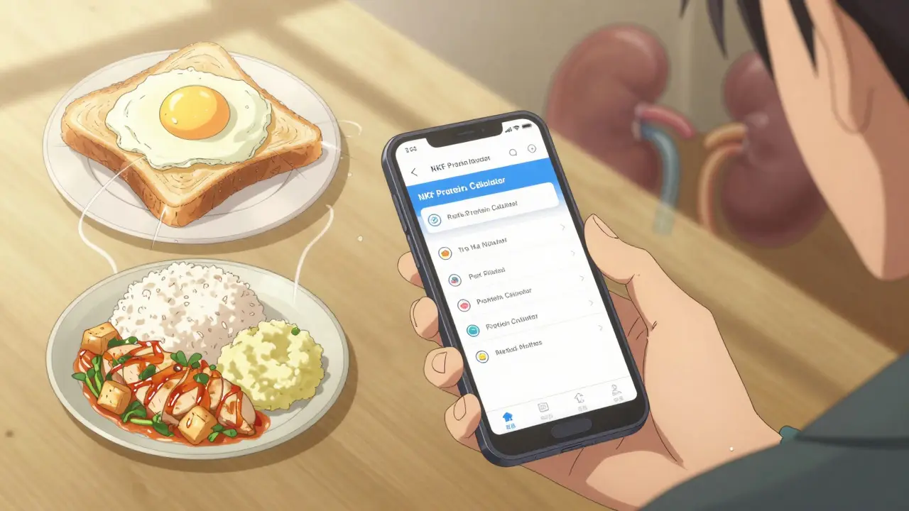 A person’s hands using a kidney nutrition app, with ghostly meal images behind them showing balanced, kidney-safe foods.