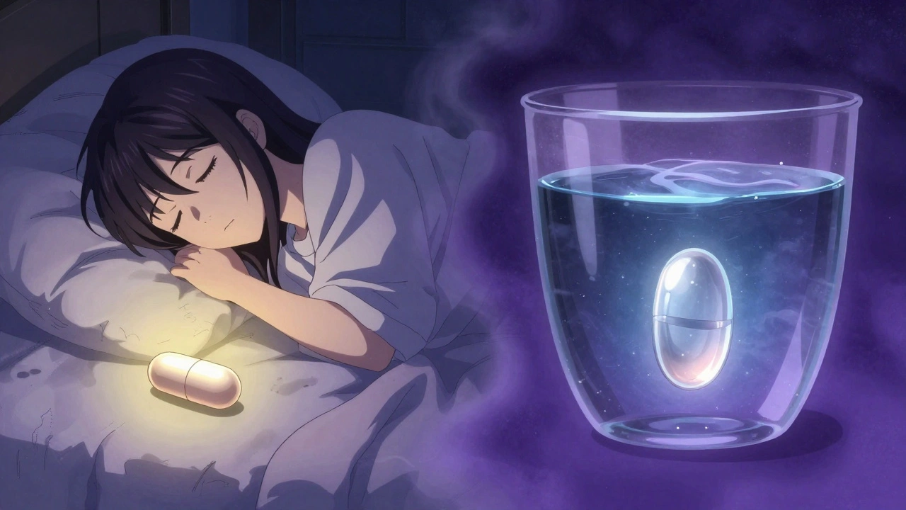 A person sleeping peacefully beside a glowing magnesium capsule, while a thyroid pill dissolves safely in water nearby at night.