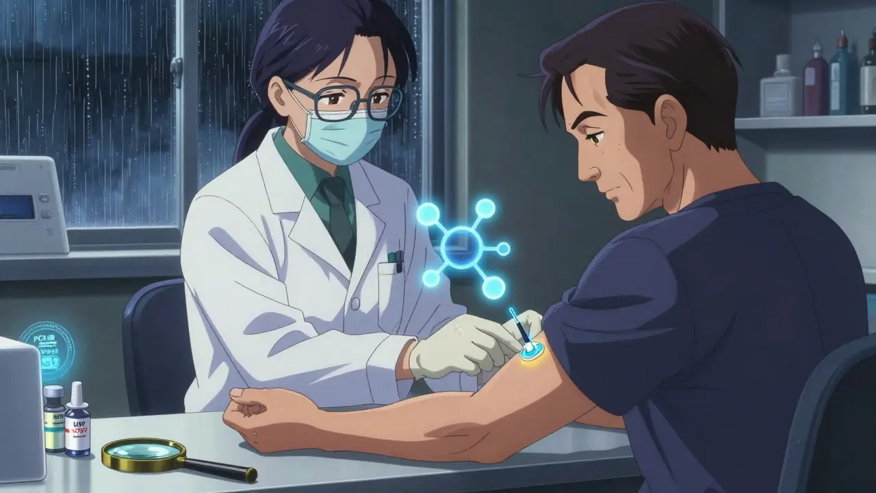 A pharmacist applying custom transdermal gel to a patient’s arm in a sterile lab.